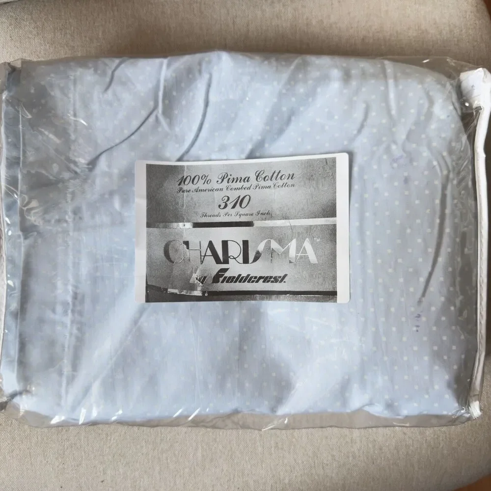 NOS Charisma By Fieldcrest KING Blue & White Classic Dot Bed Skirt Supima Cotton